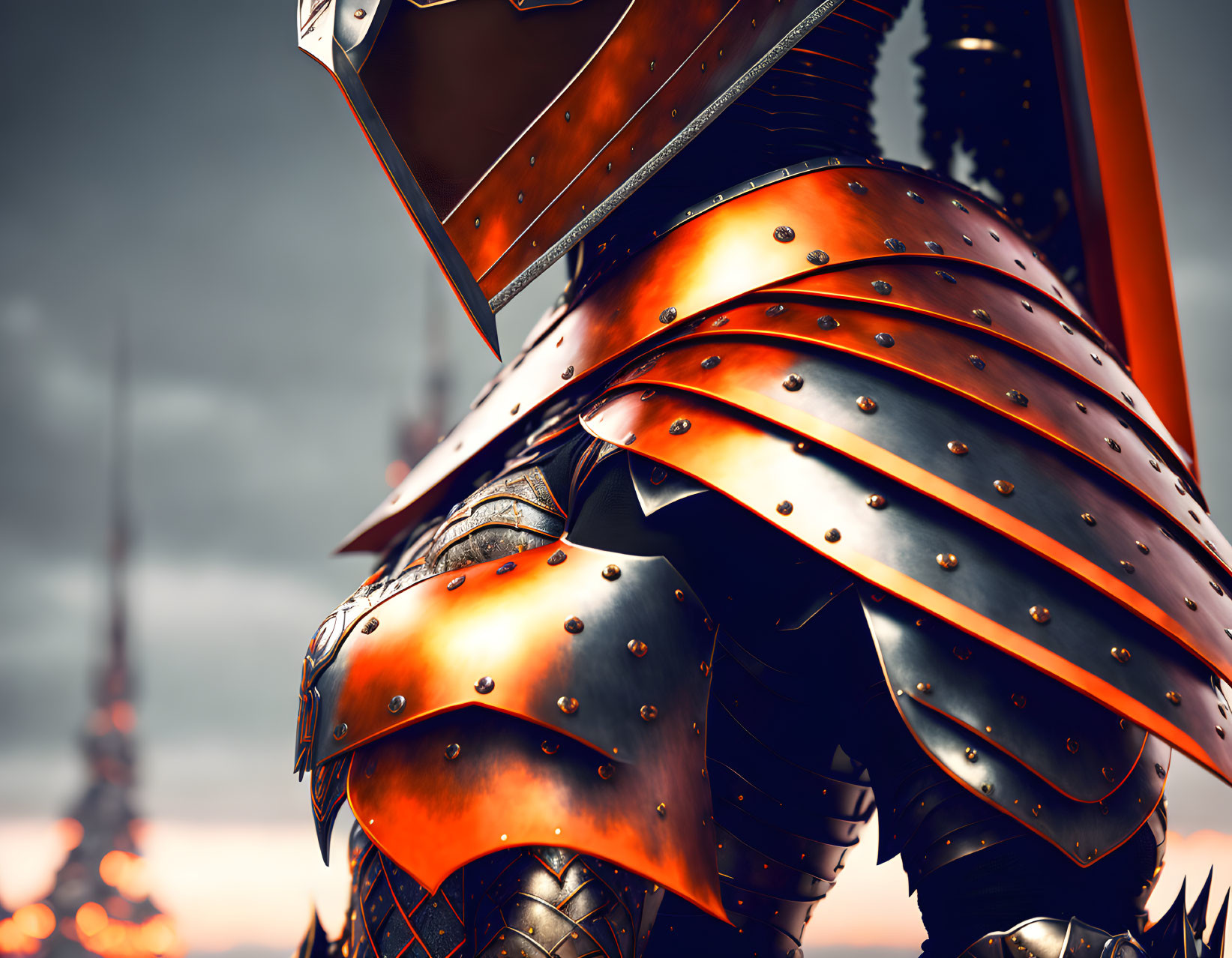 Detailed medieval knight's armor in reddish tones with layered plates and rivets.