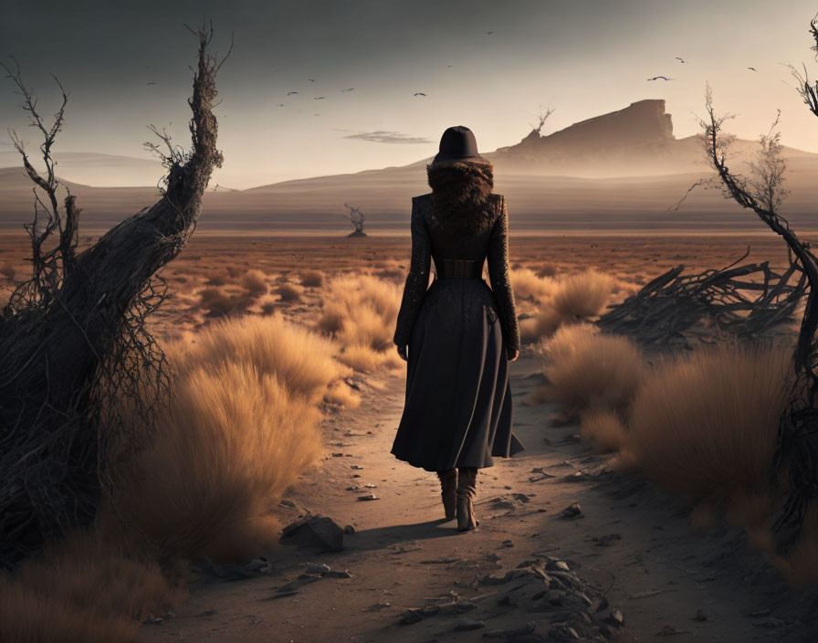 Person in coat and hat gazes at distant mountain in barren desert landscape