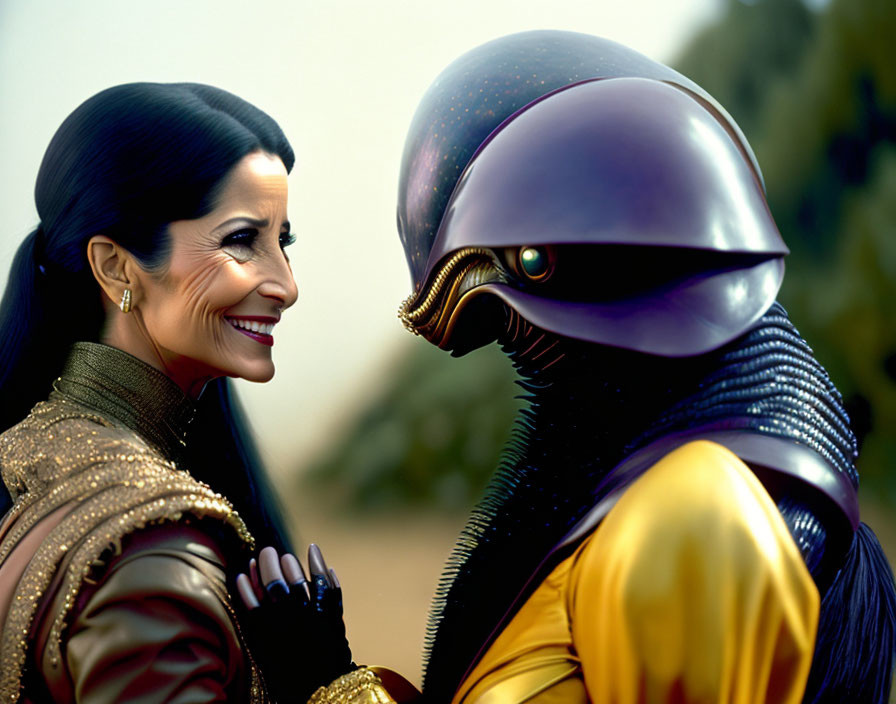 Dark-haired woman smiles at figure in futuristic suit.