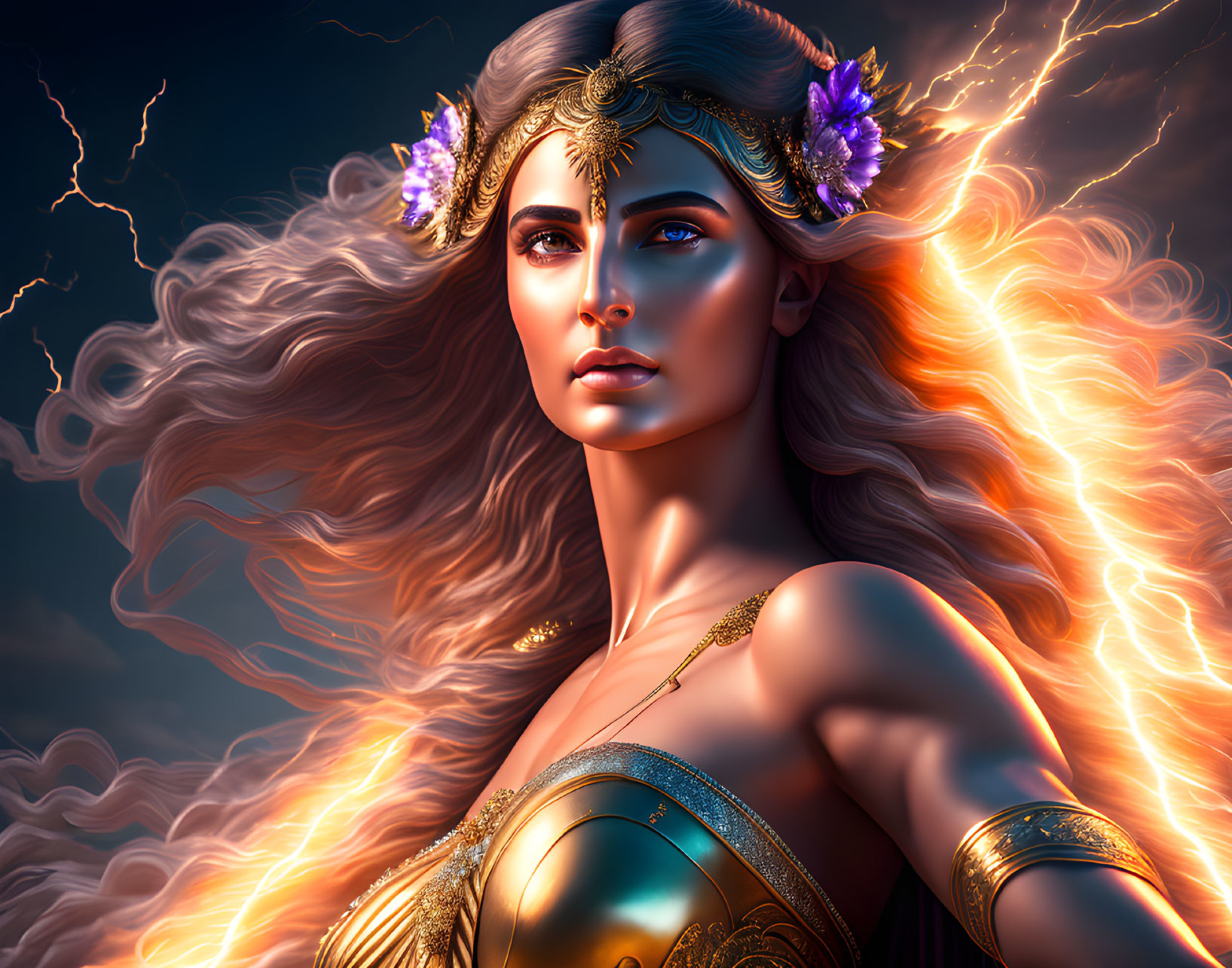 Golden tiara woman in armor against stormy backdrop with lightning.