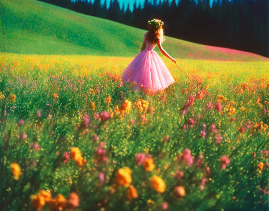 Girl in Pink Dress Walking Through Vibrant Field of Yellow Flowers at Sunset