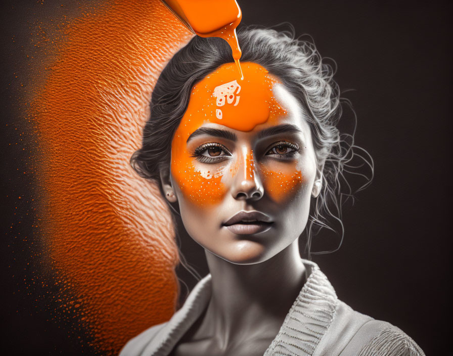 Monochrome portrait of woman with orange paint splash and symbol on forehead