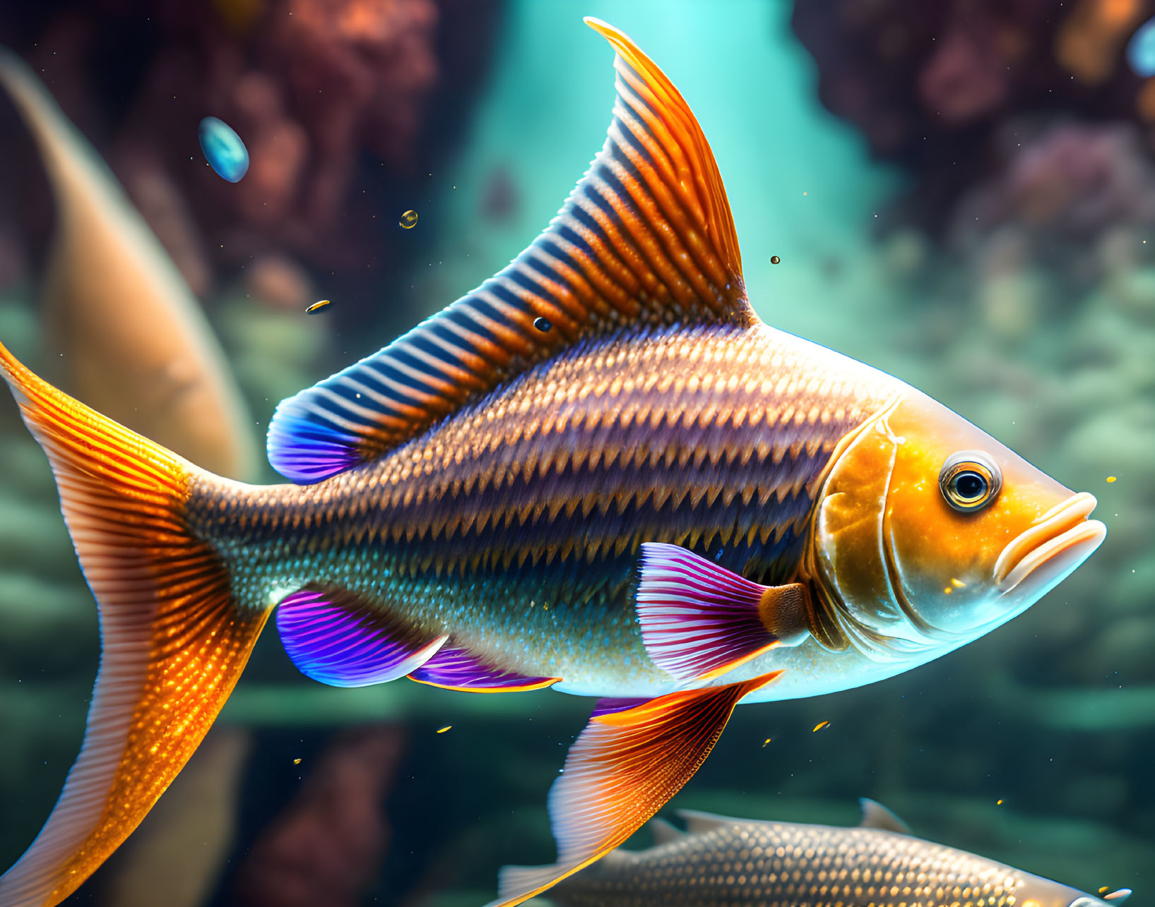 Striped colorful fish with iridescent fins in underwater marine scene