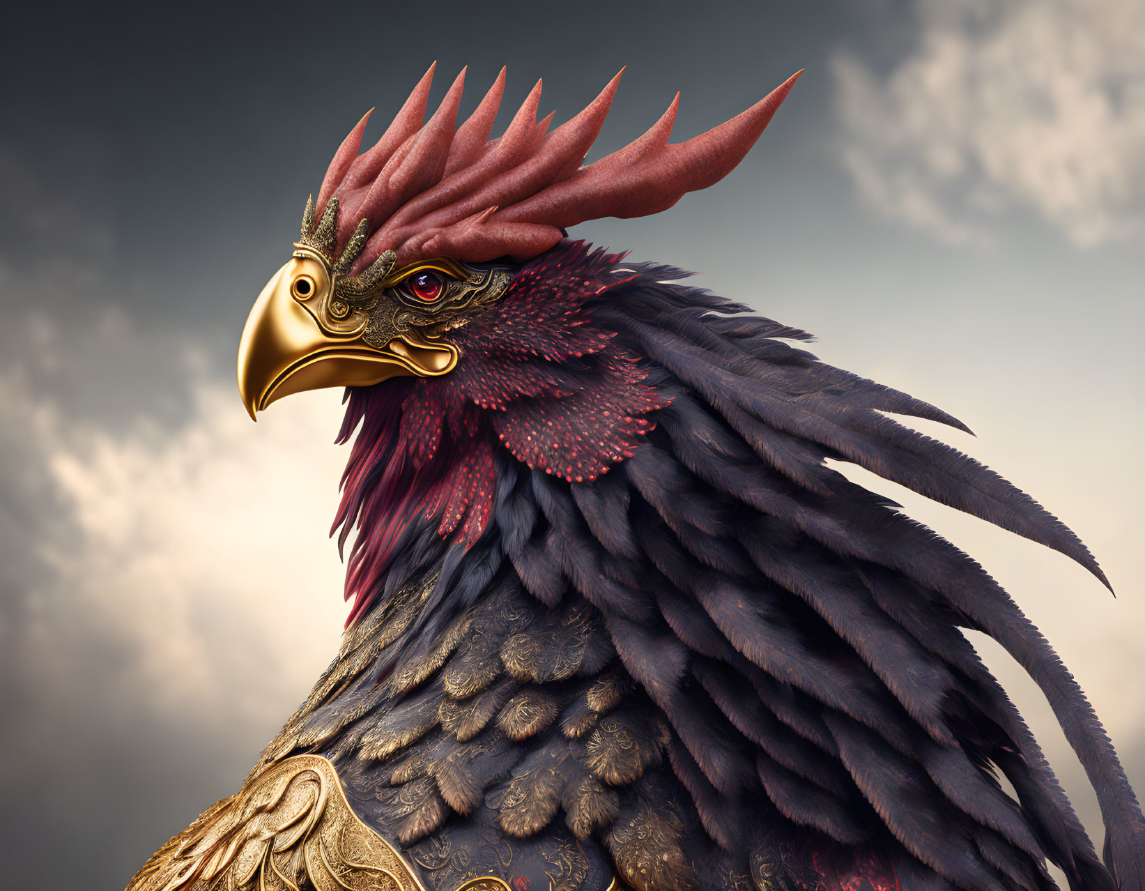 Detailed mythical eagle illustration with golden beak and red feathered crown