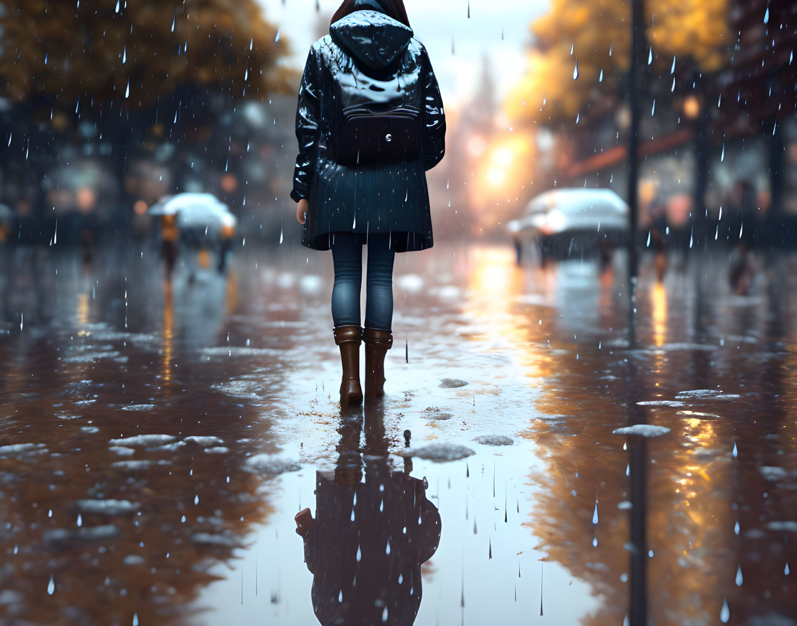 Person in black coat and boots under falling snow on wet street with reflection.