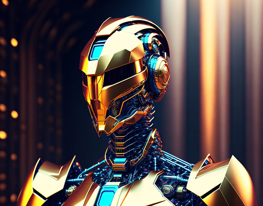 Intricate golden robot in futuristic setting