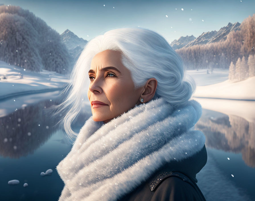 White-haired woman in fur collar against snowy mountain landscape with river and pine trees