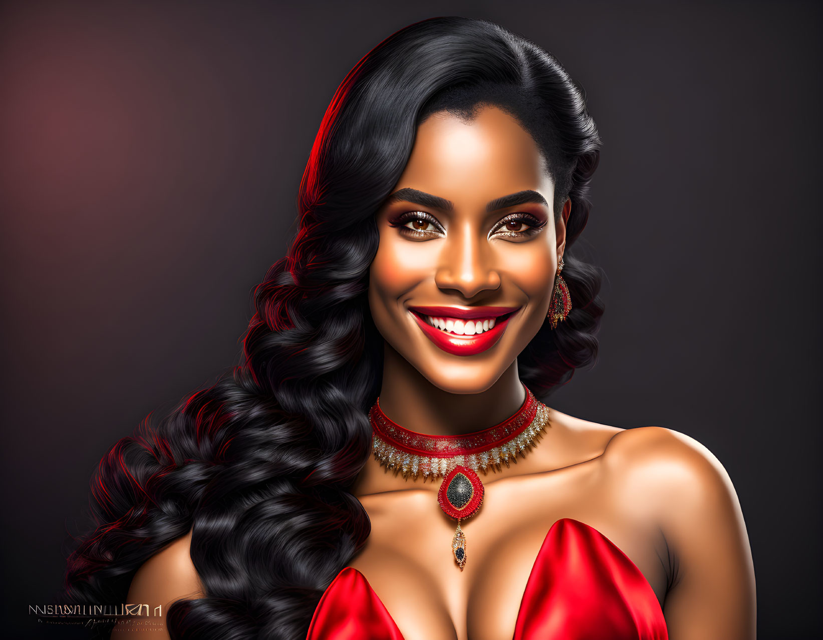 Radiant woman in red dress with matching jewelry and wavy hair on dark backdrop