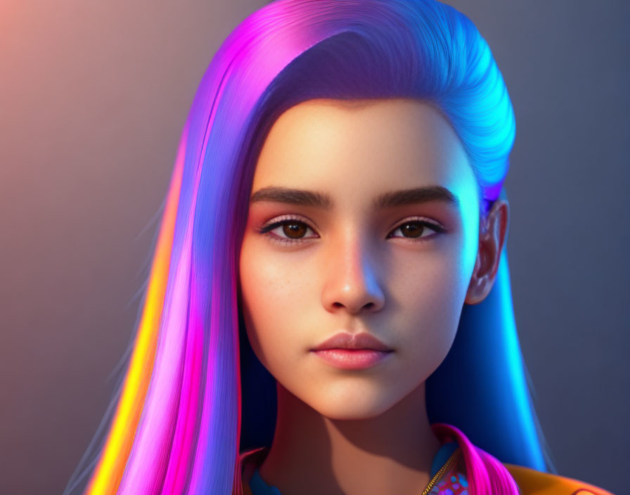 Digital portrait: Person with multicolored glowing hair in purple and blue