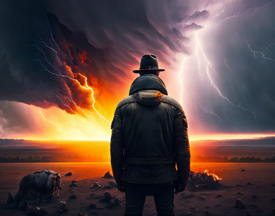 Person in cowboy hat faces apocalyptic landscape with lightning, fire, and buffalo