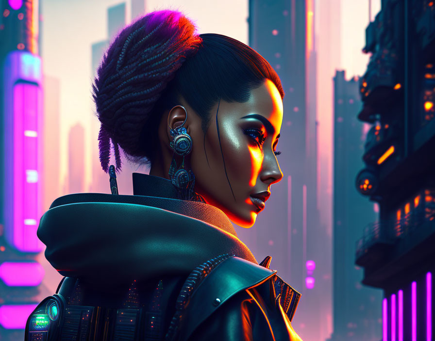 Profile View of Woman with Stylized Hair and Futuristic Earpiece in Neon-Lit Cityscape