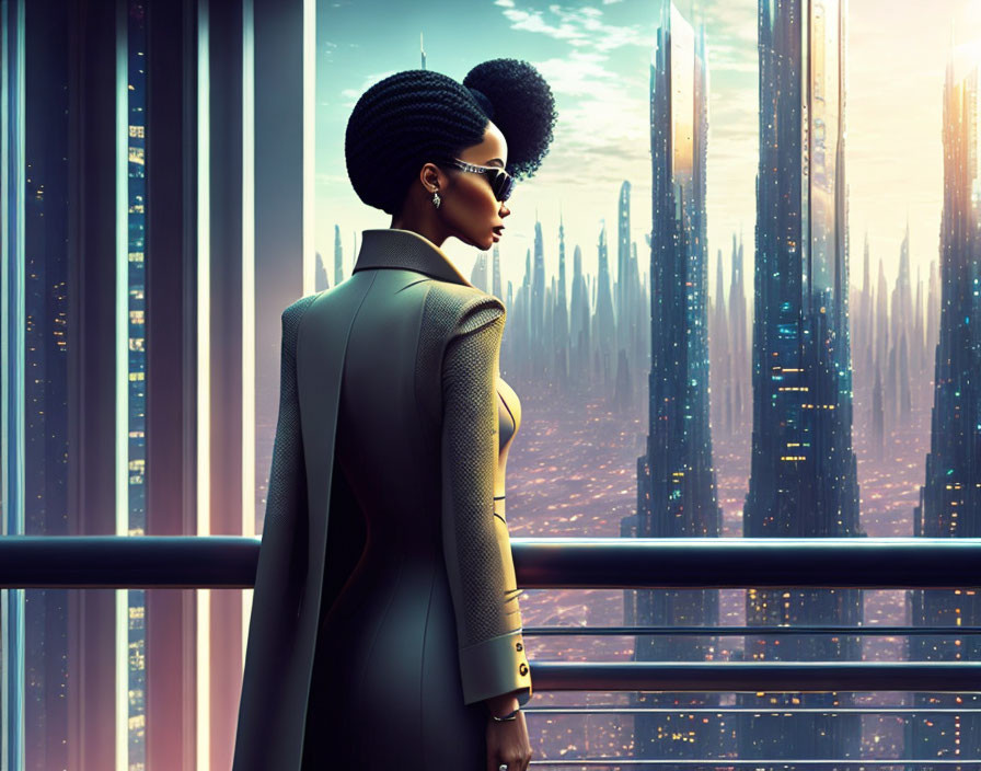 Stylish woman with afro admires futuristic cityscape at sunset