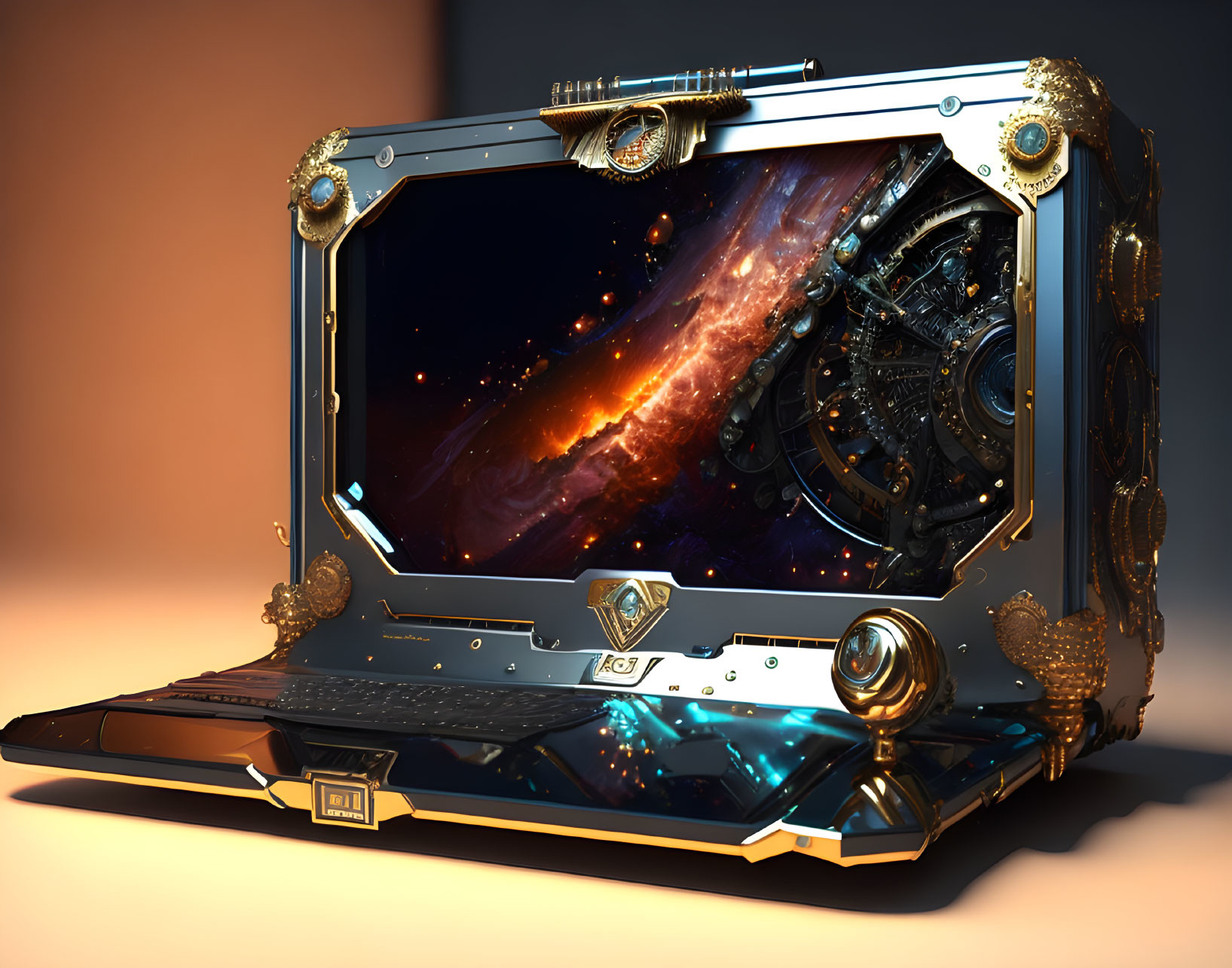 Luxurious Steampunk-Inspired Laptop with Gold Detailing and Cosmic Display