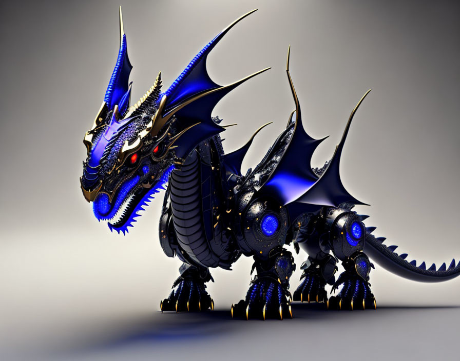 Metallic Blue Dragon 3D Rendering with Glowing Red Eyes