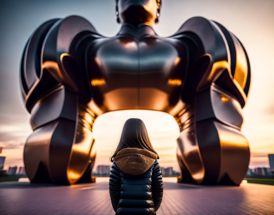 Abstract humanoid sculpture reflects person at sunset with city skyline.