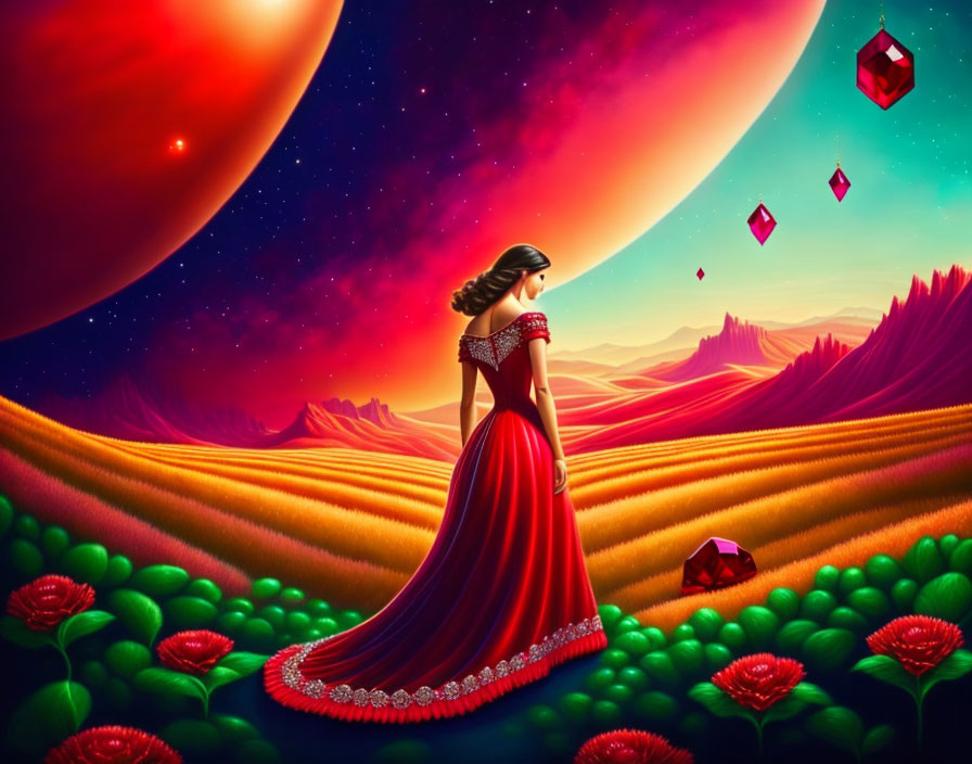 Woman in red gown in surreal landscape with planets, crystals, and starlit sky