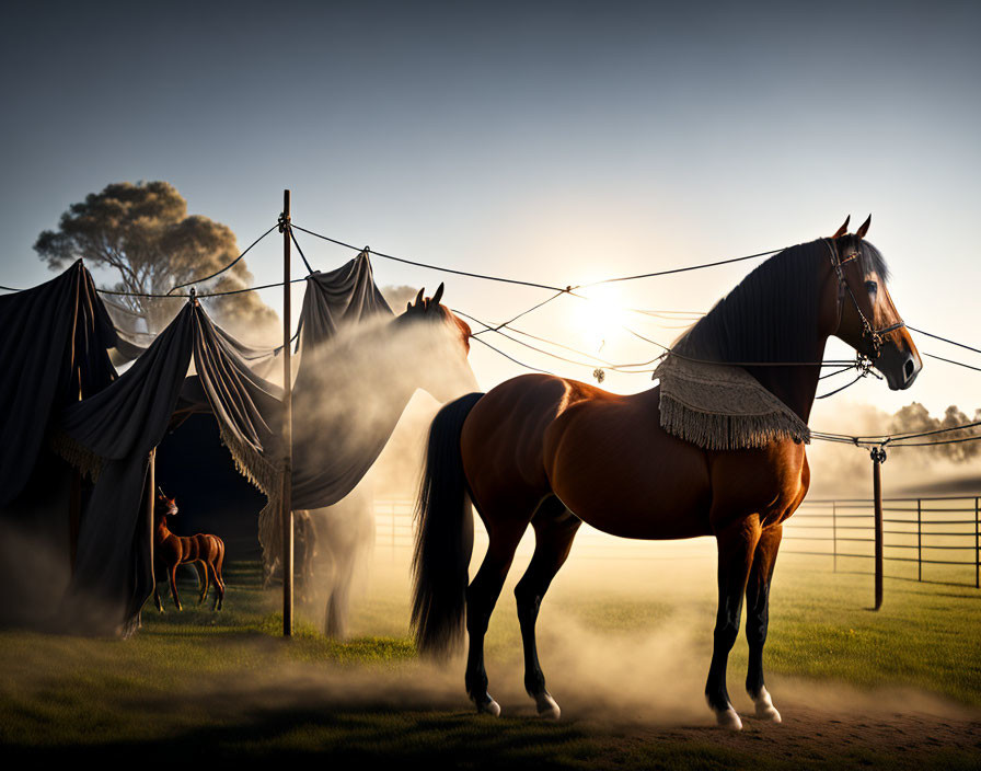 Horses and linen on clothesline in misty field at sunrise