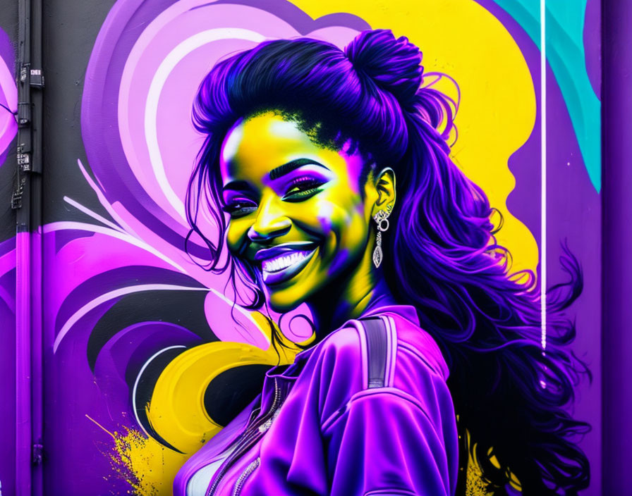 Vibrant mural featuring smiling woman with high ponytail