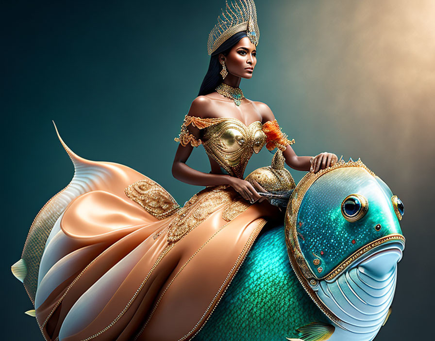 Regal woman with headdress on fantastical fish in golden and turquoise textures