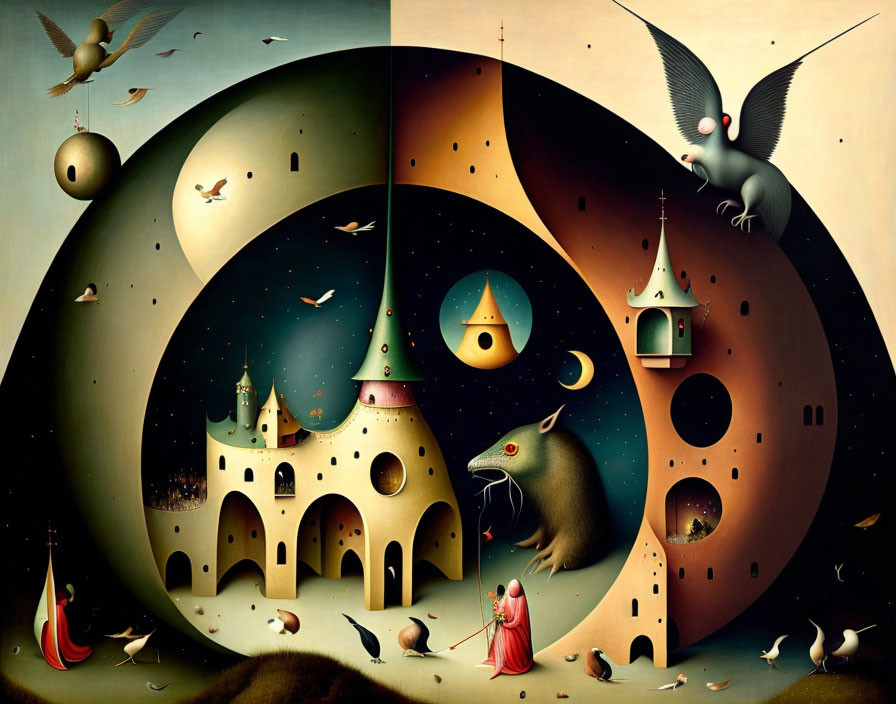 Whimsical surrealistic painting with castles, cloaked figure, creatures, and cosmic backdrop