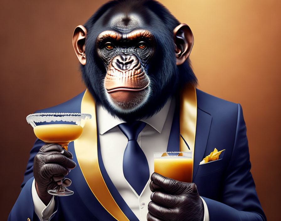 Chimpanzee in Suit and Tie with Cocktails on Amber Background