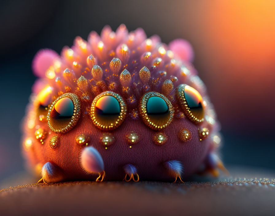 Colorful, whimsical creature with sparkling eyes on warm bokeh background