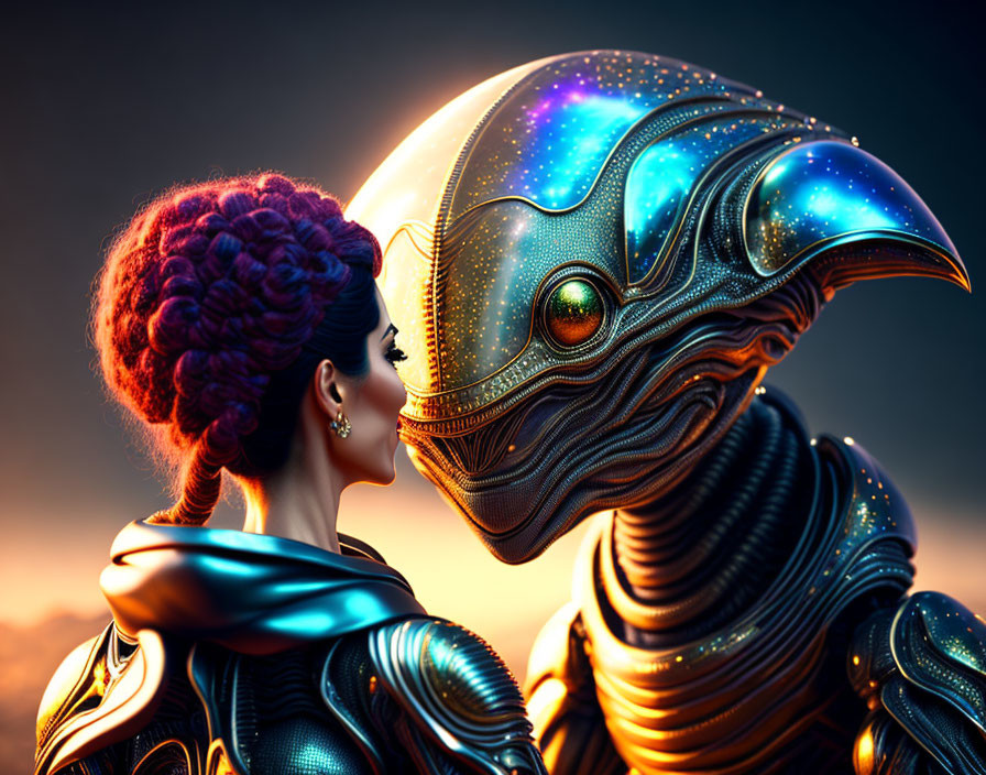 Woman with purple updo admires futuristic figure in ornate armor at dusk