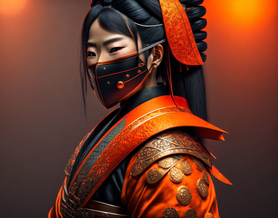 Traditional orange and black samurai armor with decorative face mask on warm-toned backdrop