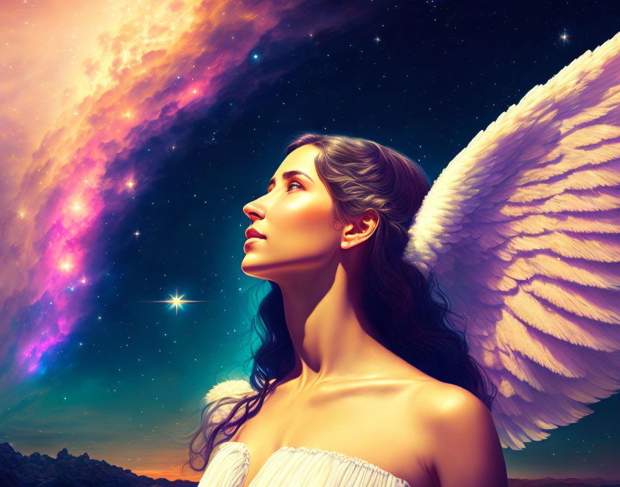 Fantasy illustration of woman with angel wings in cosmic sky