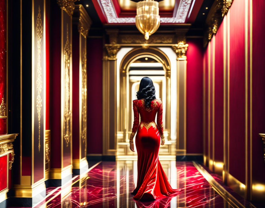 Elegant woman in red dress in luxurious corridor