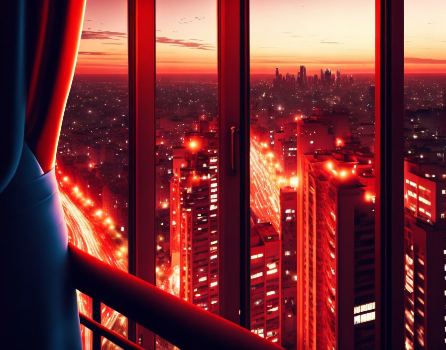 Person on Balcony Overlooking Cityscape at Sunset