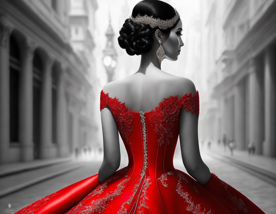 Woman in Red Lace Dress Stands in Cityscape