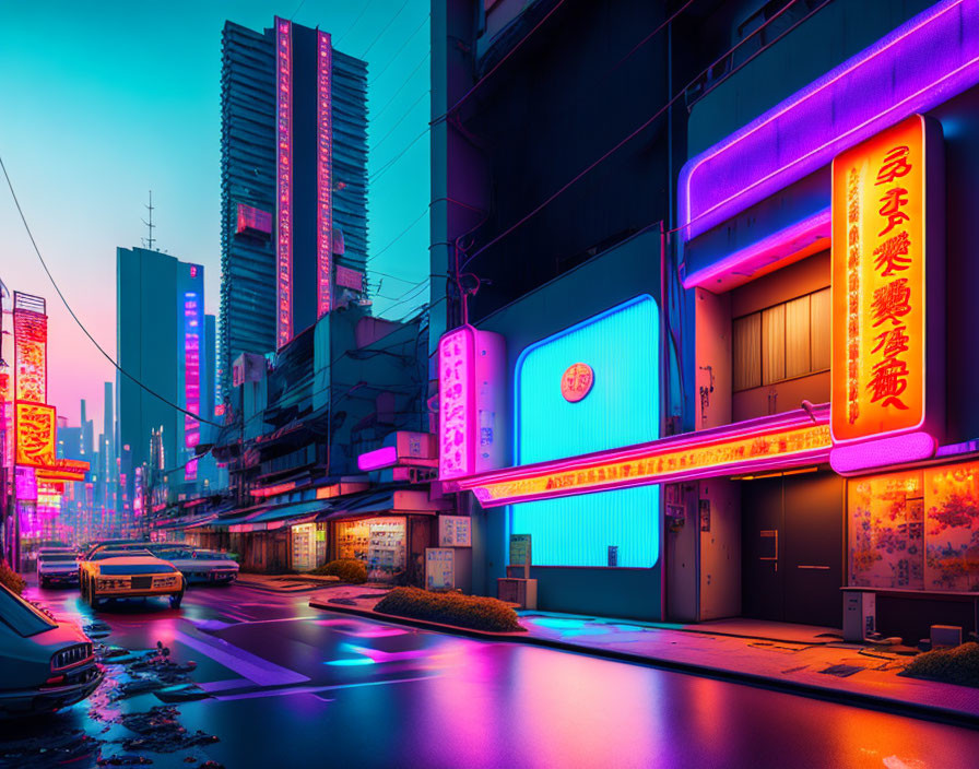 Twilight cityscape with neon signs and futuristic architecture