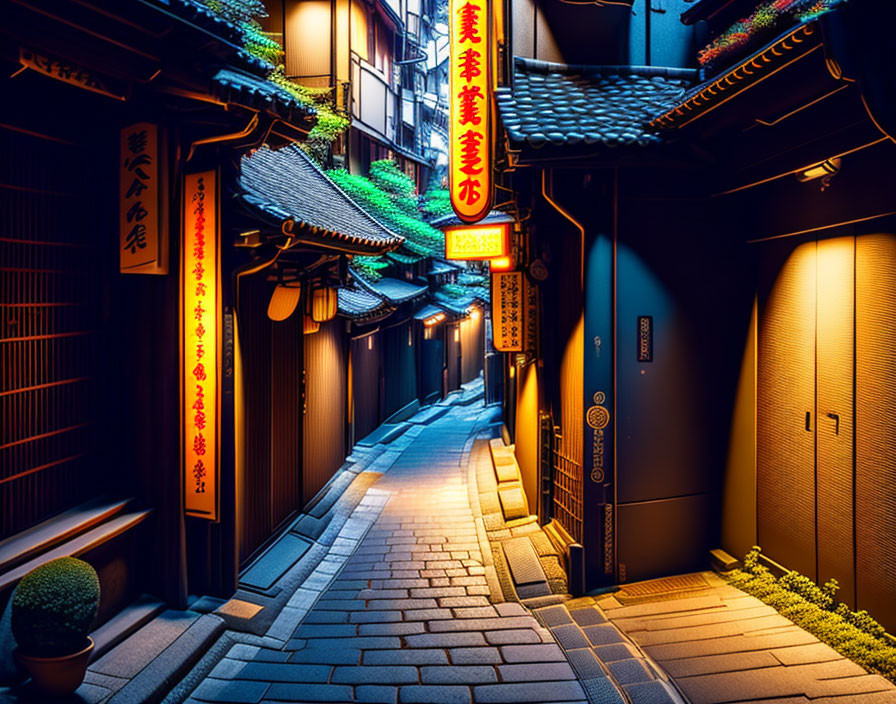 Traditional Japanese alleyway with wooden buildings and red lanterns at dusk