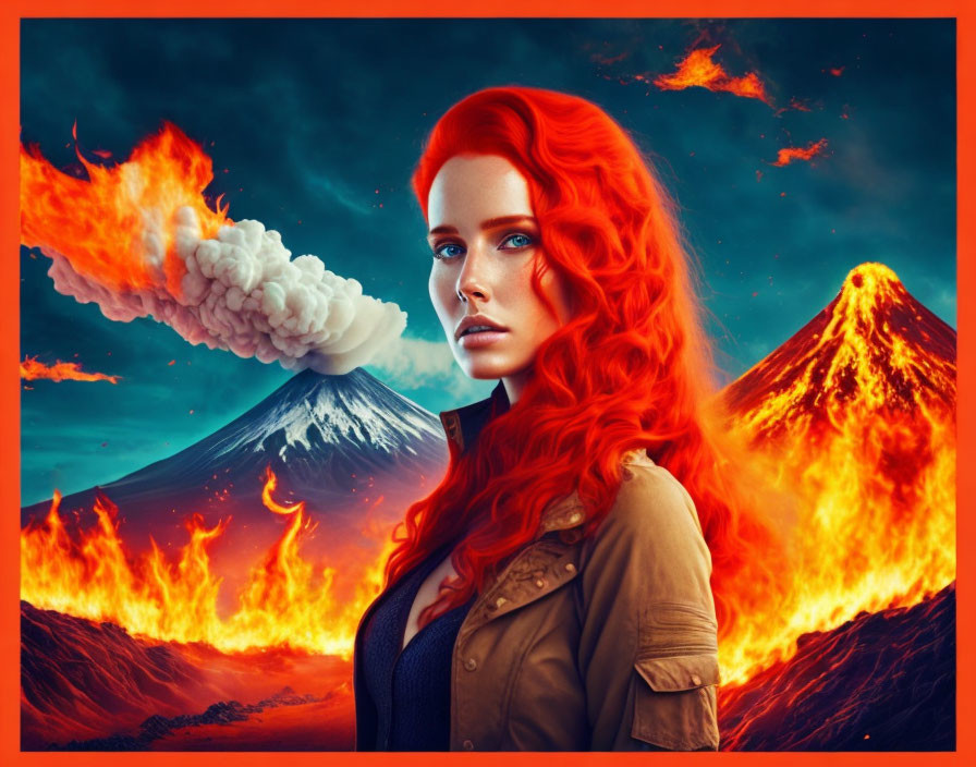 Vibrant red-haired woman in front of erupting volcanoes