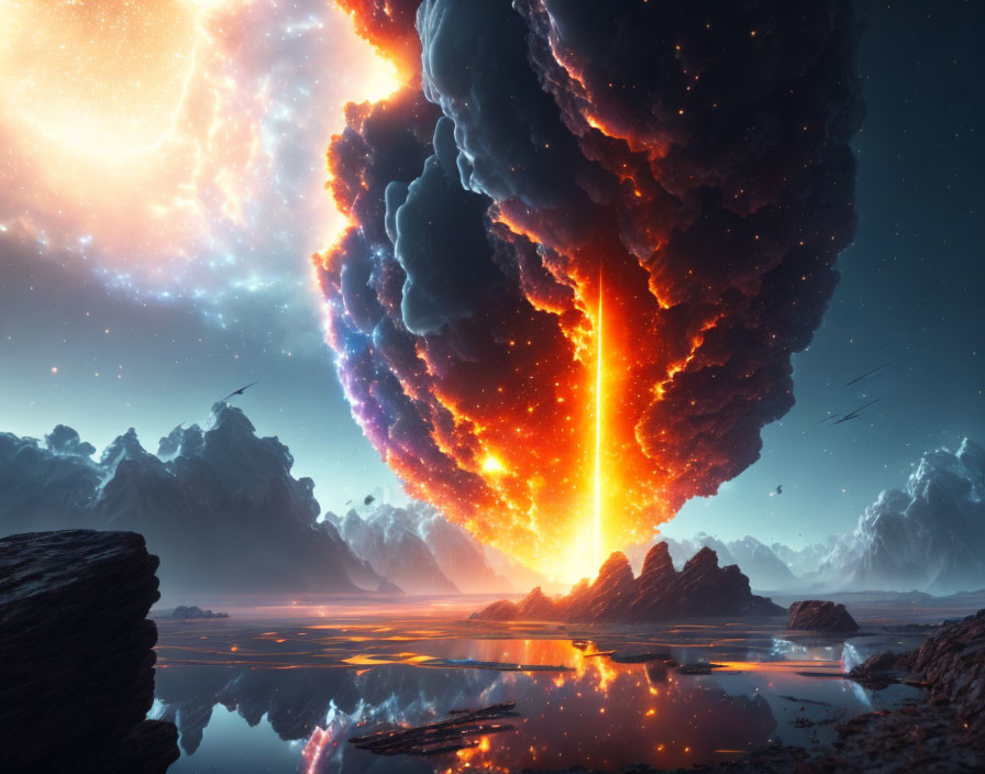 Sci-fi landscape with colossal explosion, vibrant beam, tranquil waters, mountains