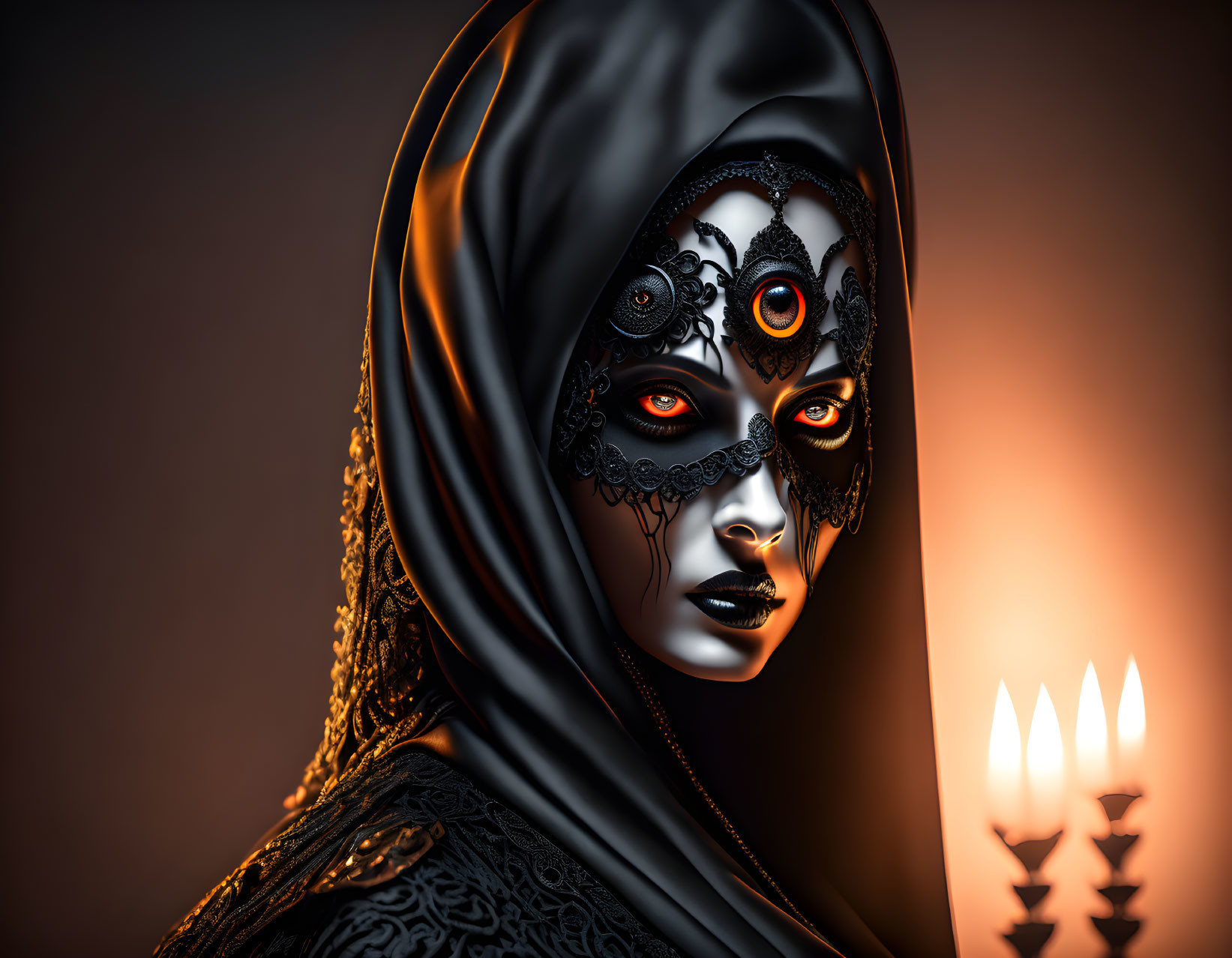 Mysterious figure with intricate face paint and three eyes in digital artwork