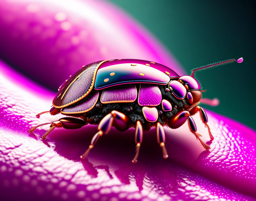 Vibrant metallic beetle on purple textured background