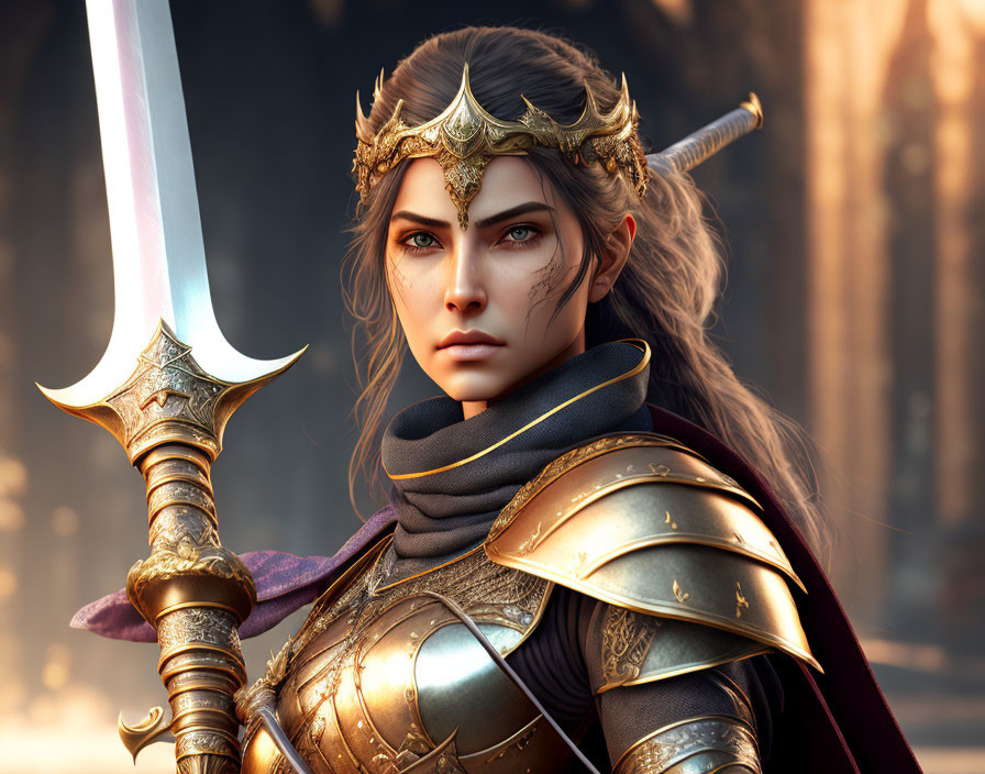 Warrior woman digital artwork with stern gaze and sword in ornate armor