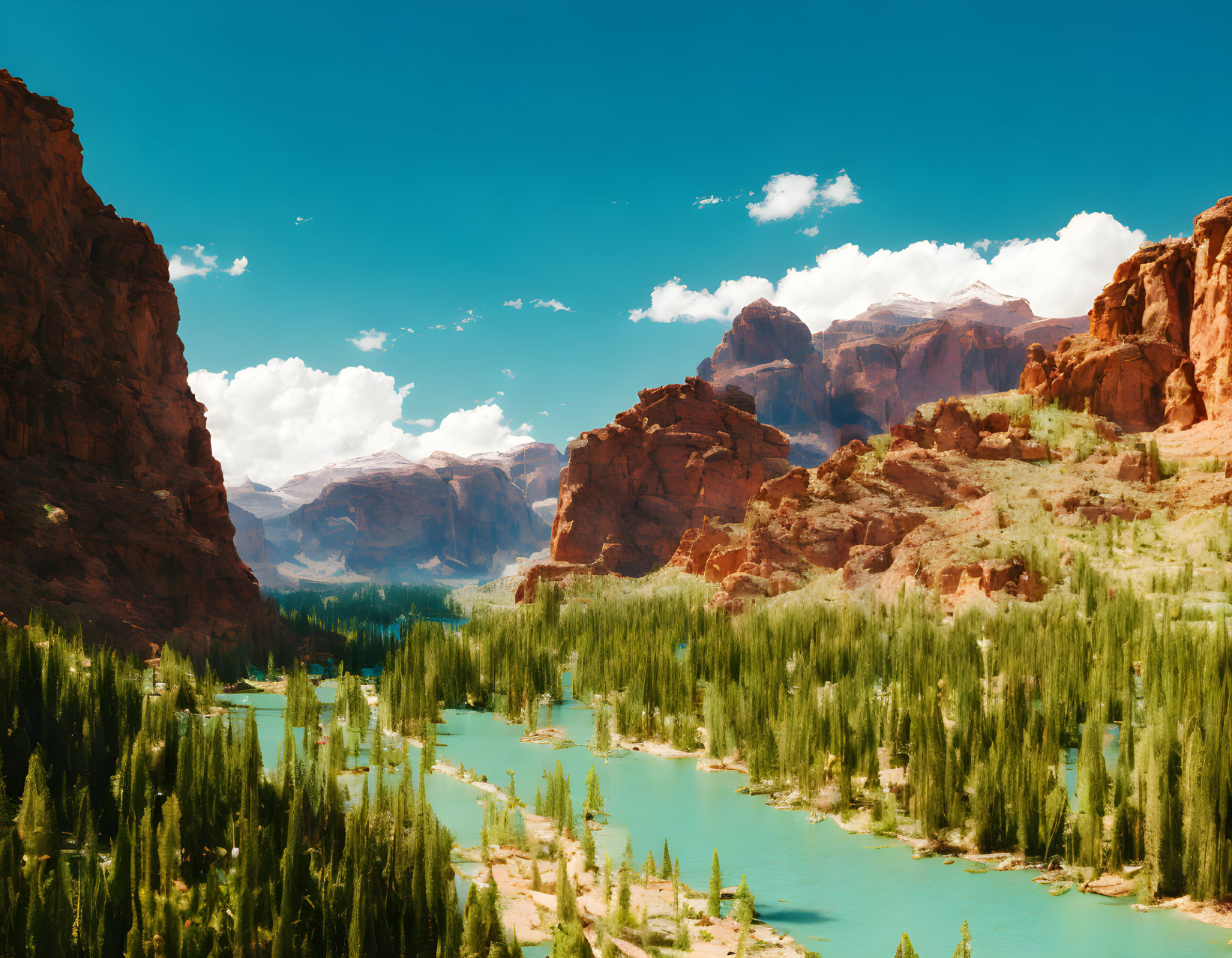 Lush valley with emerald lakes, red cliffs, green foliage