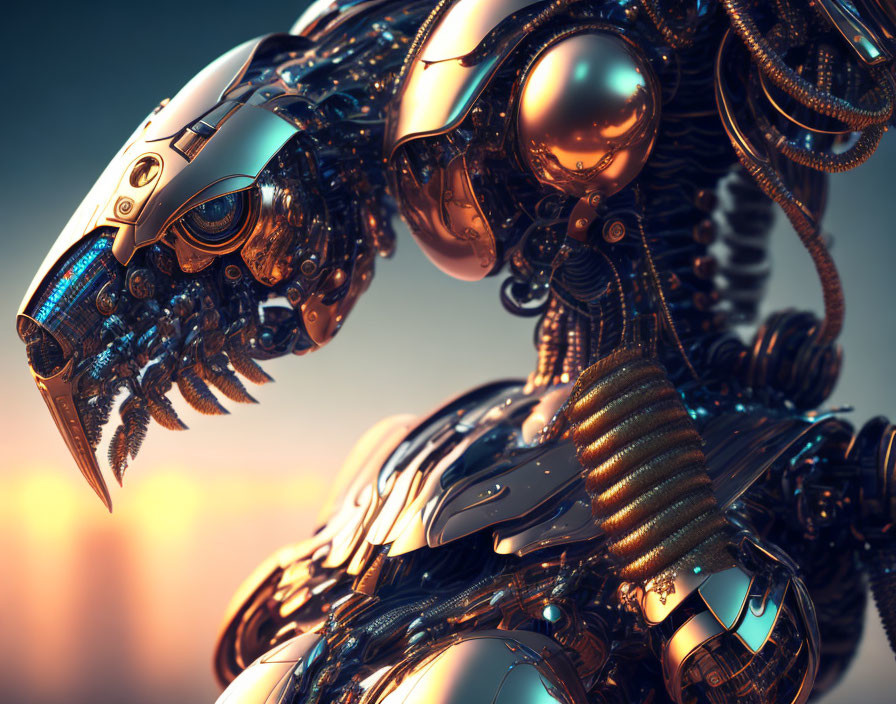 Metallic robotic entity with intricate mechanical parts on reflective surface