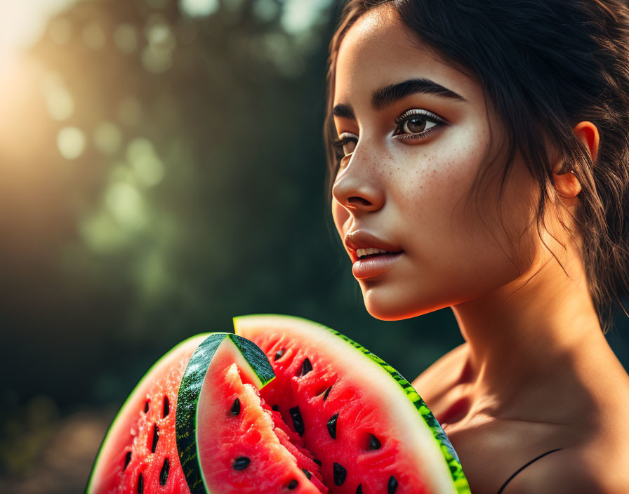 Freckled woman holding watermelon slice at sunset