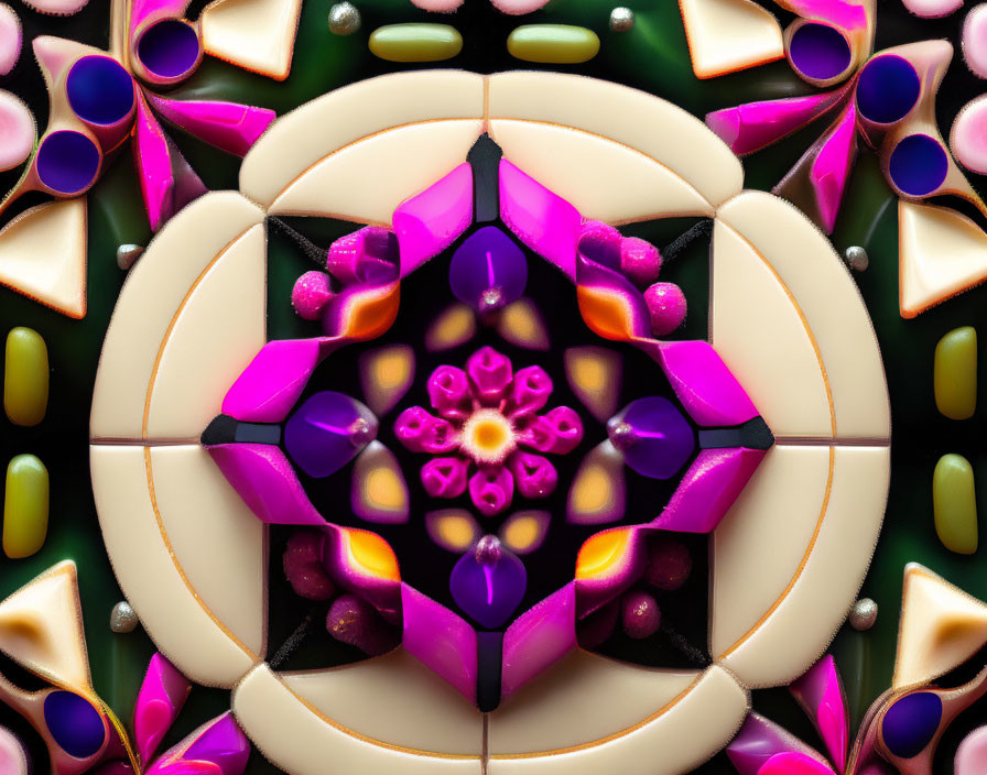 Symmetrical floral kaleidoscope pattern in pink, purple, and green