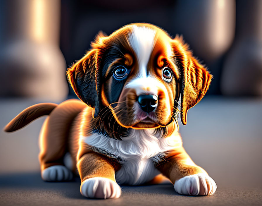 Brown and White Puppy with Soulful Eyes Lying Down