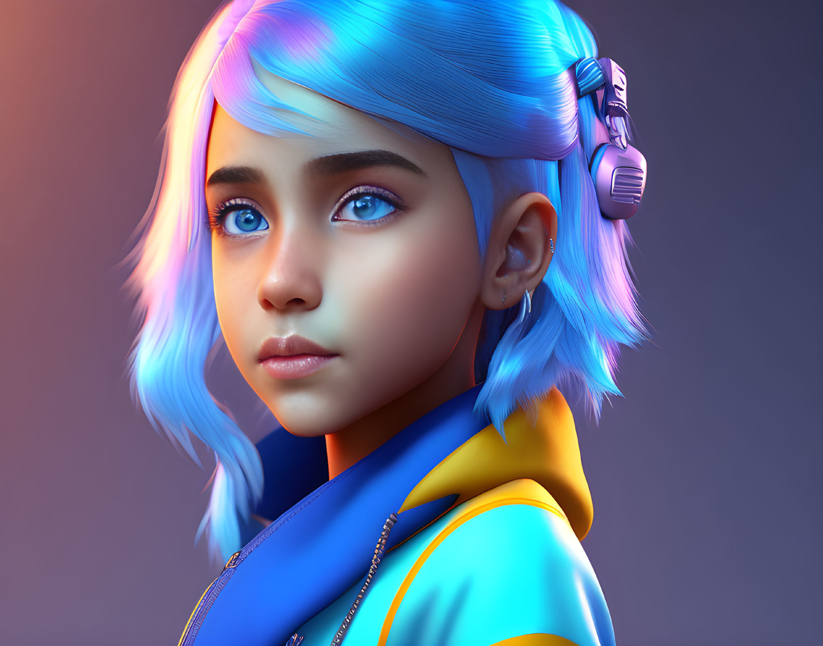 Vibrant blue-haired girl with futuristic style headphones and jacket