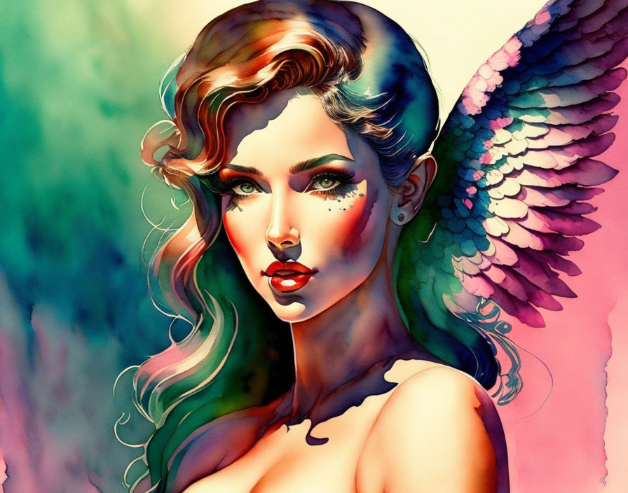 Vibrant illustration of woman with wavy hair and wing on colorful background