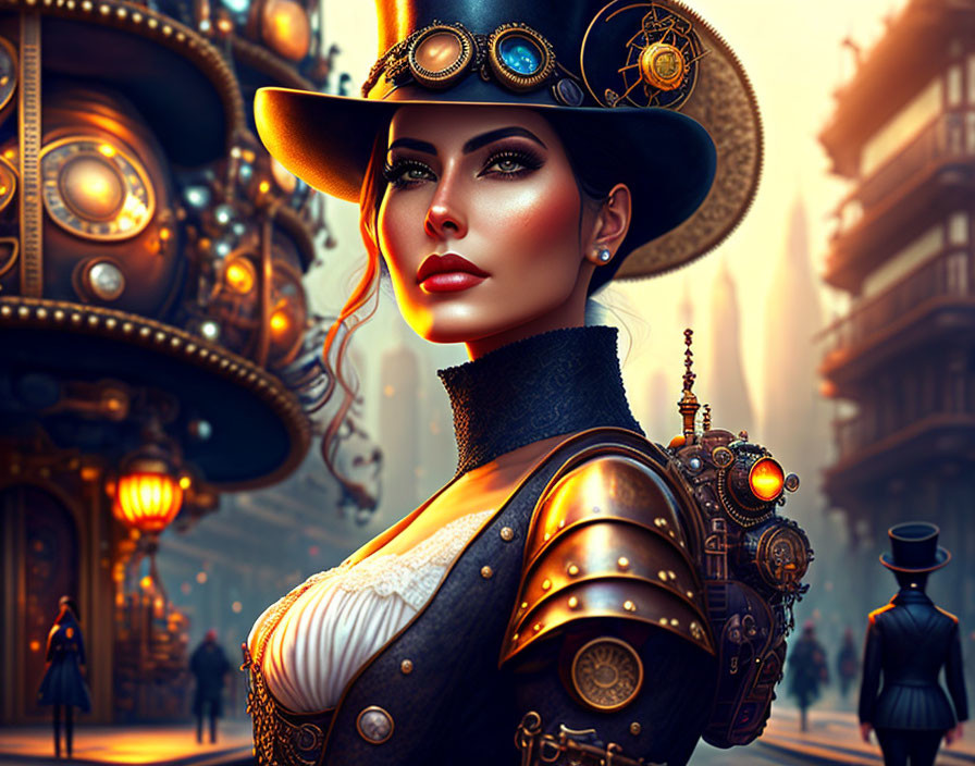 Detailed Steampunk Woman with Mechanical Arm in Futuristic Cityscape