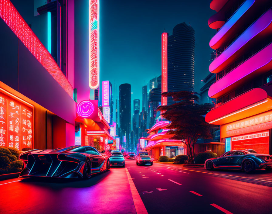 Futuristic neon-lit cityscape with skyscrapers and glowing signages