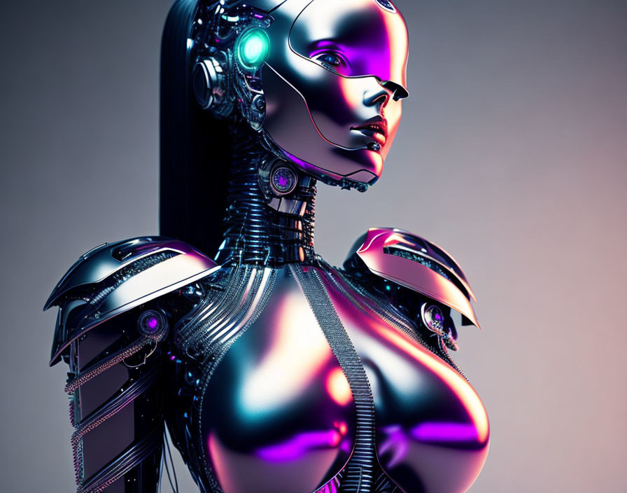 Futuristic female robot with glossy metallic body and blue lights