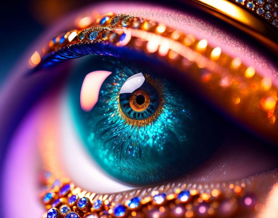 Detailed Close-Up of Vibrant Blue Eye with Elaborate Golden Makeup